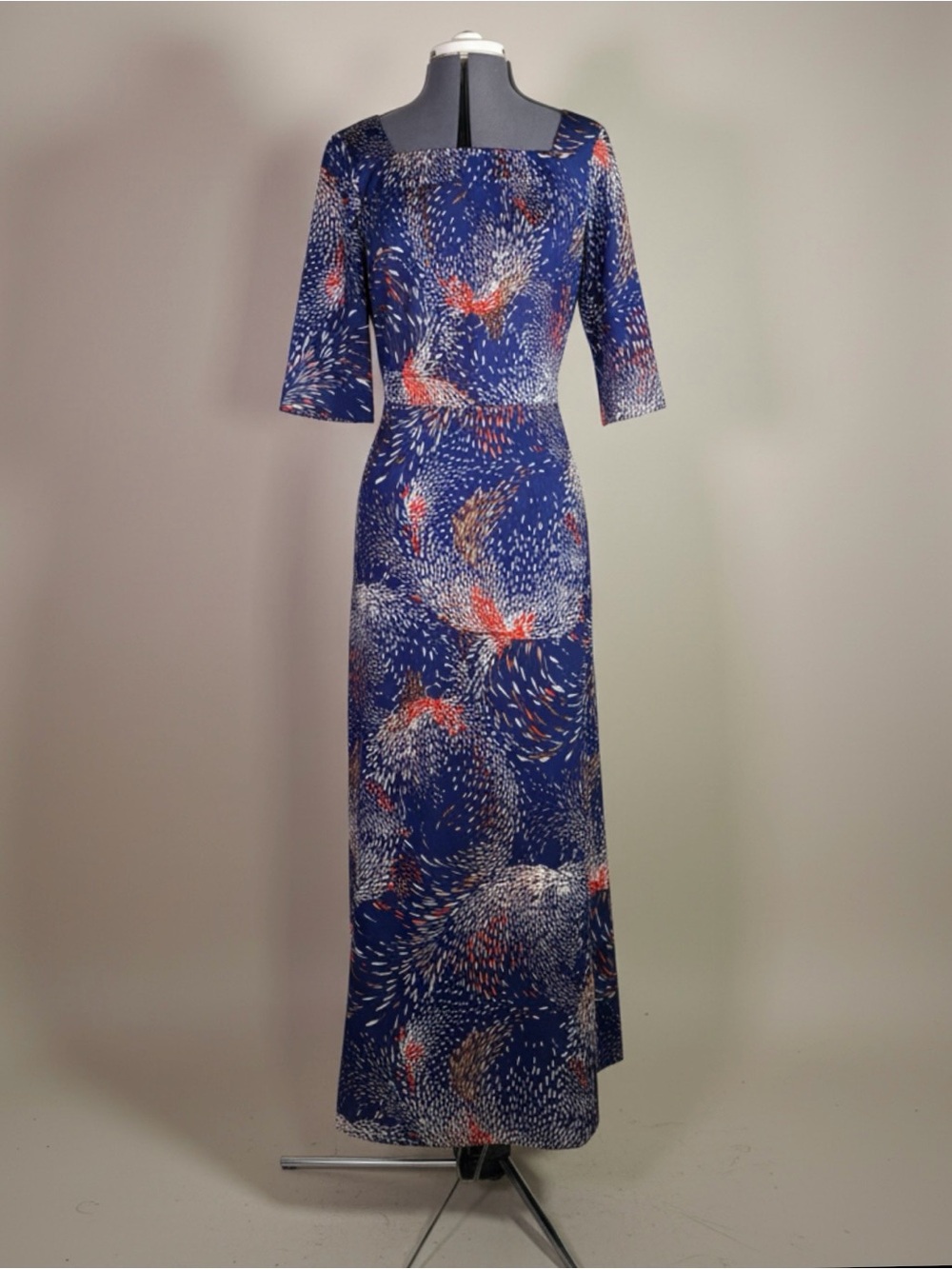 Vintage 60s 70s Abstract Print Hostess Maxi Dress Empire Waist Metal Zip Lined